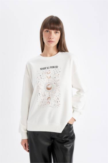 Relax Fit Bisiklet Yaka Baskılı İnce Sweatshirt