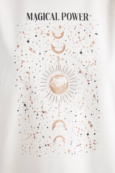 Relax Fit Bisiklet Yaka Baskılı İnce Sweatshirt