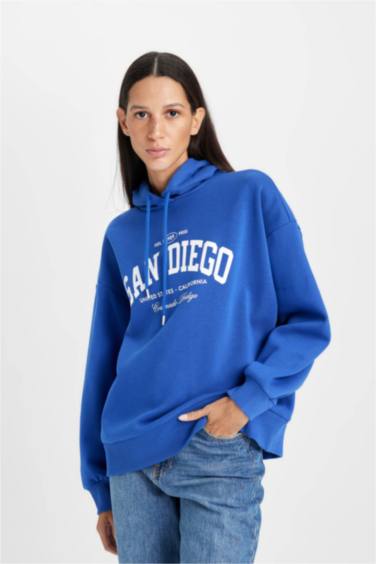 Oversize Fit Hooded Printed Thick Sweatshirt