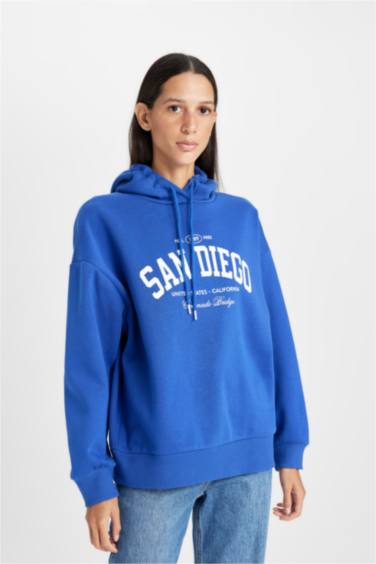 Oversize Fit Hooded Printed Thick Sweatshirt