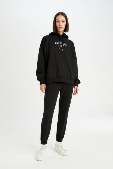 Oversize Geniş Kalıp Kapüşonlu Baskılı Kalın Sweatshirt