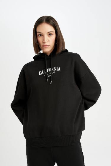 Oversize Geniş Kalıp Kapüşonlu Baskılı Kalın Sweatshirt