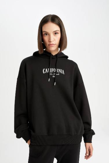 Oversize Geniş Kalıp Kapüşonlu Baskılı Kalın Sweatshirt