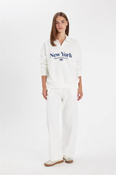 Relax Fit Polo Yaka Baskılı Kalın Sweatshirt