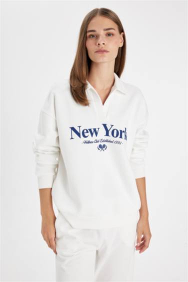 Relax Fit Polo Yaka Baskılı Kalın Sweatshirt