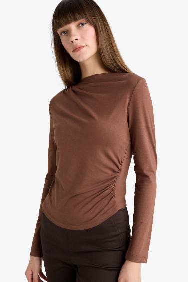 Slim Fit Boat Neck Long Sleeve Blouse
