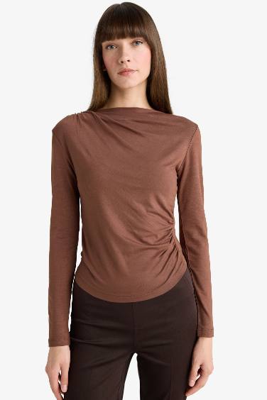 Slim Fit Boat Neck Long Sleeve Blouse