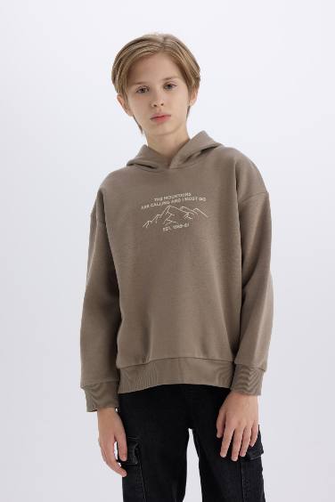 Oversize Geniş Kalıp Baskılı Kapüşonlu Sweatshirt Erkek Çocuk
