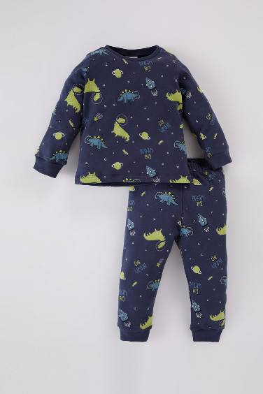 Erkek Bebek Pijama Takımı Dinazor Baskılı Bisiklet Yaka Uzun Kollu Üst Uzun Alt