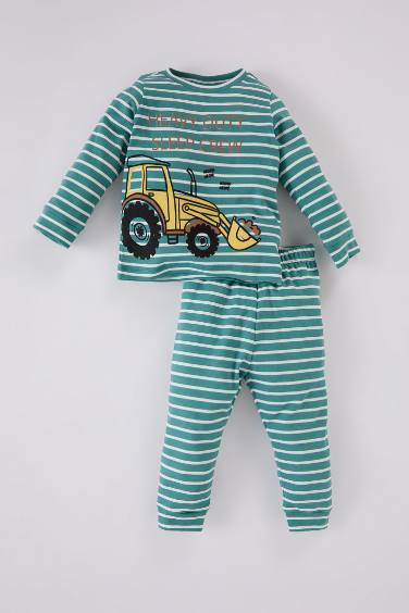 Erkek Bebek Pijama Takımı Araç Baskılı Çizgili Bisiklet Yaka Uzun Kollu Üst Uzun Alt 