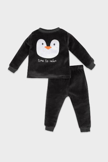 Erkek Bebek Pijama Takım Penguen Desenli Velur Uzun Kollu Üst Beli Lastikli Uzun Alt