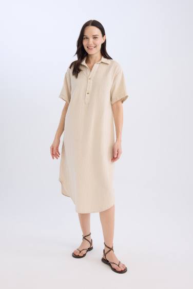 Regular Fit Polo Collar Muslin Double Sleeves Dress