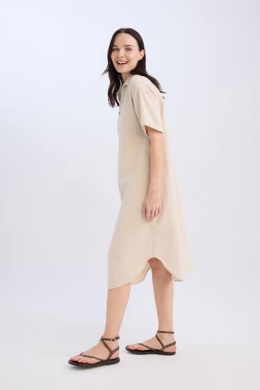 Regular Fit Polo Collar Muslin Double Sleeves Dress