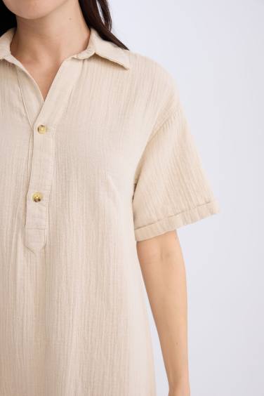 Regular Fit Polo Collar Muslin Double Sleeves Dress