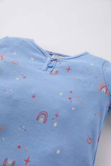 Kız Bebek Pijama Takımı Gökkuşağı Baskılı Uzun Kollu Fitilli Kaşkorse Üst Uzun Alt