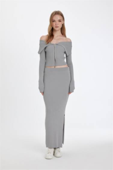 Slim Fit Open Shoulder Basic Zippered Knitwear Cardigan