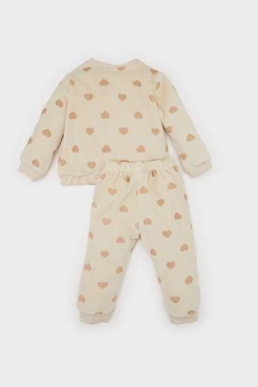 Baby Girl Heart Patterned Velour Top Bottom 2 Piece Pajama Set