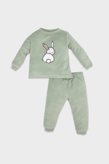 Kız Bebek Pijama Takım Tavşan Baskılı Velur  Uzun Kollu Üst Beli Lastikli Uzun Alt