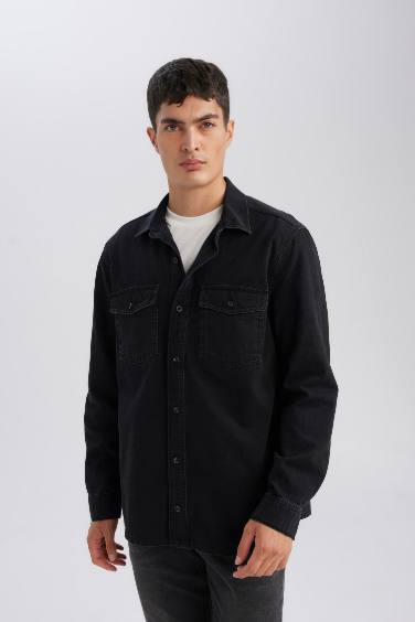 Black Regular Fit Polo Neck Jean Basic Shirt