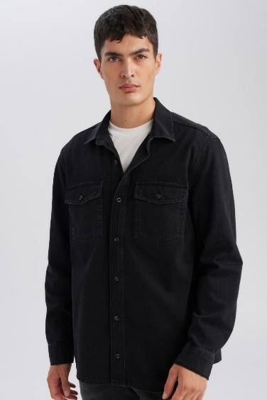 Black Regular Fit Polo Neck Jean Basic Shirt