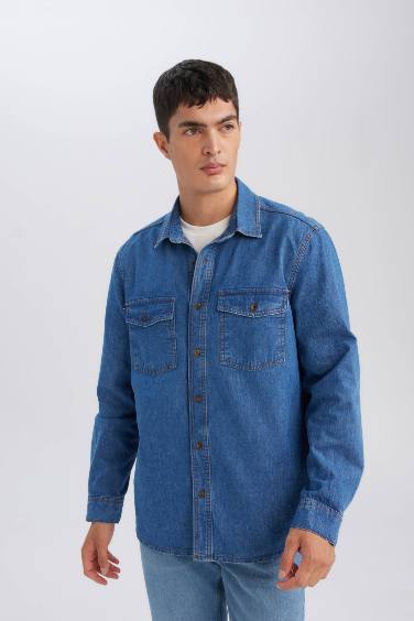 Regular Fit Polo Neck Jean Basic Shirt