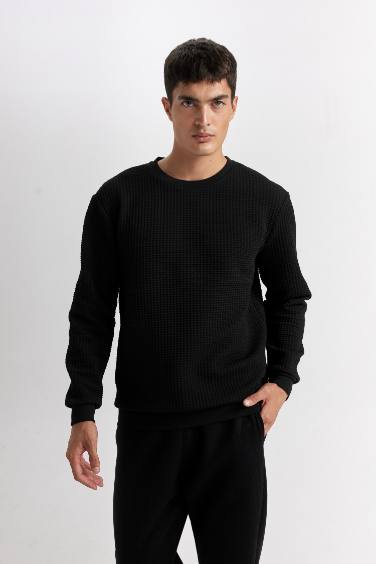 Siyah Regular Fit Bisiklet Yaka Jakarlı Sweatshirt