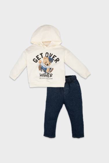 Erkek Bebek 2'li Takım Ayı Baskılı Kapüşonlu Sweatshirt Üst Jean Pantolon Alt