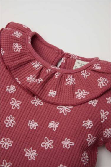 Büyük Yaka Çiçekli Waffle Uzun Kollu Tişört Kız Bebek