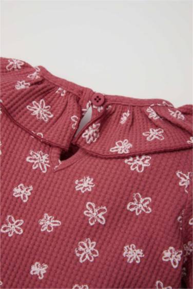 Büyük Yaka Çiçekli Waffle Uzun Kollu Tişört Kız Bebek