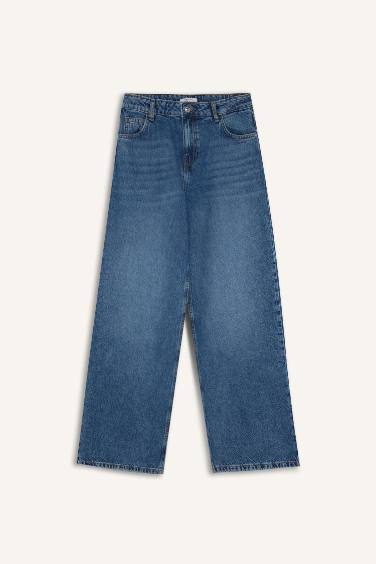 Pantalon Jean taille haute long et délavé à jambes larges