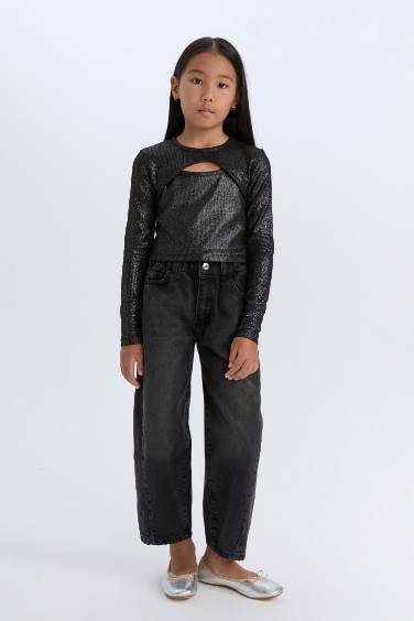 Kız Çocuk Slim Fit Dar Kesim Bisiklet Yaka Parlak Kumaş Fitilli Kaşkorse Uzun Kollu Tişört