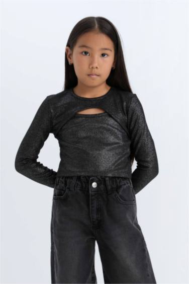 Kız Çocuk Slim Fit Dar Kesim Bisiklet Yaka Parlak Kumaş Fitilli Kaşkorse Uzun Kollu Tişört