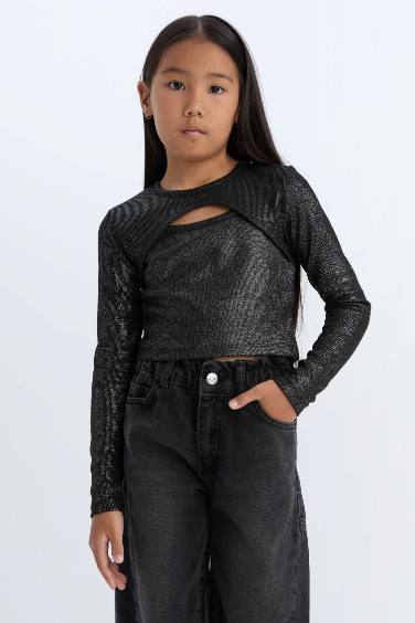 Kız Çocuk Slim Fit Dar Kesim Bisiklet Yaka Parlak Kumaş Fitilli Kaşkorse Uzun Kollu Tişört