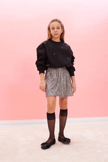 Kız Çocuk Yılbaşı Temalı Oversize Geniş Kalıp Bisiklet Yaka Taşlı İçi Yumuşak Tüylü Sweatshirt