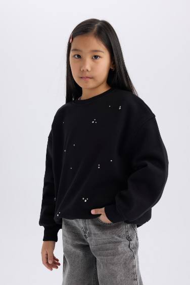 Kız Çocuk Yılbaşı Temalı Oversize Geniş Kalıp Bisiklet Yaka Taşlı İçi Yumuşak Tüylü Sweatshirt