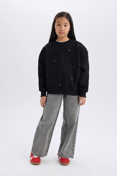 Kız Çocuk Yılbaşı Temalı Oversize Geniş Kalıp Bisiklet Yaka Taşlı İçi Yumuşak Tüylü Sweatshirt