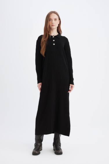 Regular Fit Polo Neck Basic Maxi Knit Dress