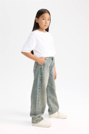 Kız Çocuk Yılbaşı Temalı Wide Baggy Fit Geniş Bol Paça Jean Pantolon