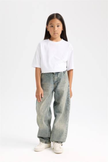 Kız Çocuk Yılbaşı Temalı Wide Baggy Fit Geniş Bol Paça Jean Pantolon