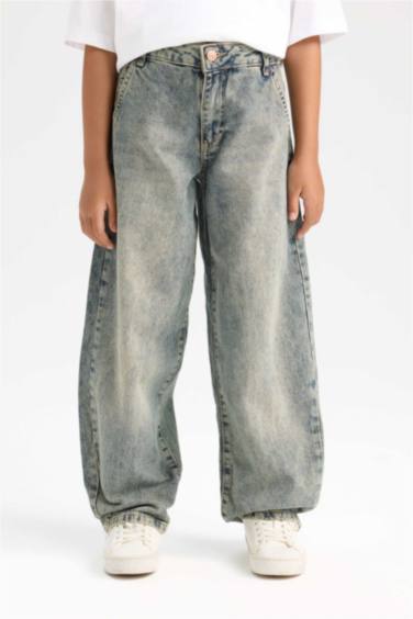 Kız Çocuk Yılbaşı Temalı Wide Baggy Fit Geniş Bol Paça Jean Pantolon