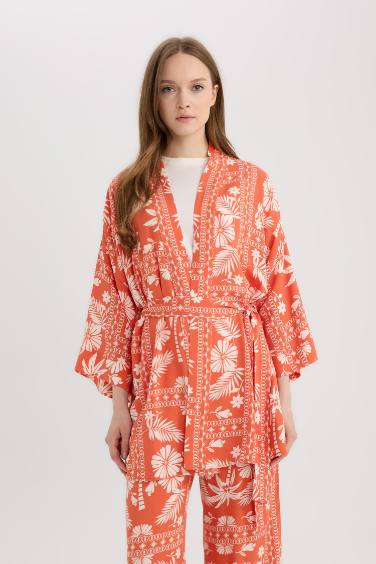 Relax Fit Desenli Kuşaklı Kimono