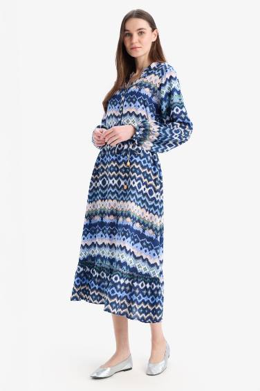 Regular Fit Patterned Crew Neck Long Sleeve Midi Dress