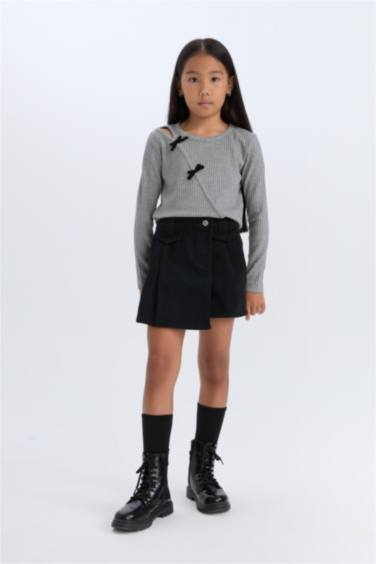 T-shirt Slim côtelé à col rond et manches longues à nœuds