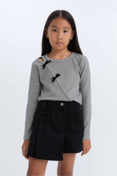 T-shirt Slim côtelé à col rond et manches longues à nœuds