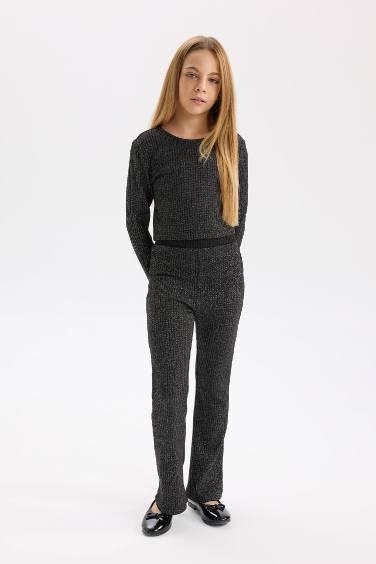 طقم بناتي سليم فيت قماش لامع بلوزة وليجن - قطعتين