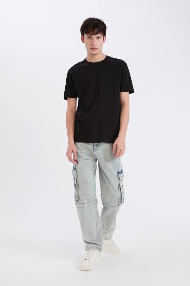 %100 Pamuk Regular Fit Bisiklet Yaka Kısa Kollu Ağır Kumaş Siyah Tişört