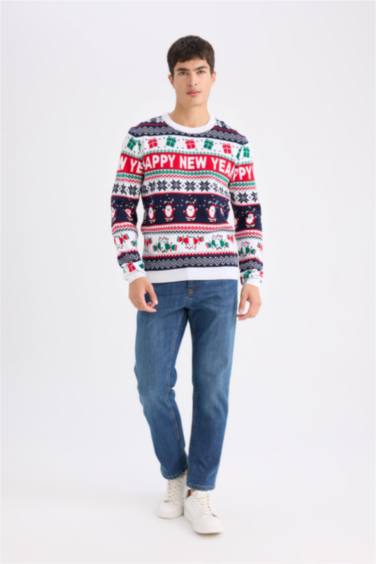 Standart Fit Yılbaşı Temalı Bisiklet Yaka Triko Kazak