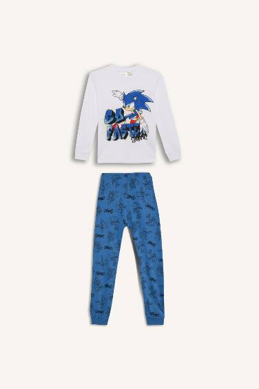 Erkek Çocuk Pijama Takımı Sonic the Hedgehog Bisiklet Yaka Uzun Kollu Tişört Uzun Alt