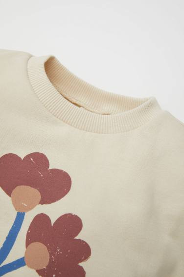 Girl Crew Neck Floral Soft Furry Thin Sweatshirt