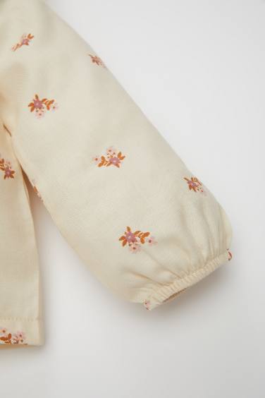 Girl Large Collar Floral Patterned Buttoned Twill Shirt